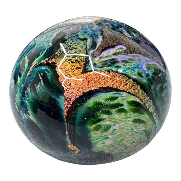 Hand Blown Glass Paperweight ASH Swirling Blue Green Oceanic Water Design Signed - Picture 1 of 7